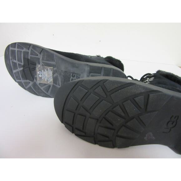 UGG Black Lace Up Combat Hiking Waterproof 6 Faux Fur Ankle Lugged Sole Booties - Picture 6 of 8